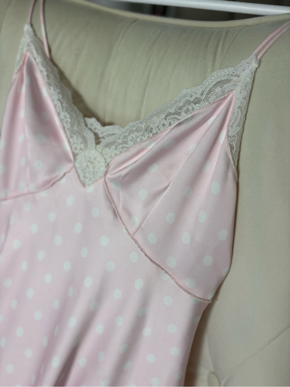 LoveShackFancy manuela Pale Pink Polka Dot Satin Slip Dress with White Lace - Picture 2 of 8